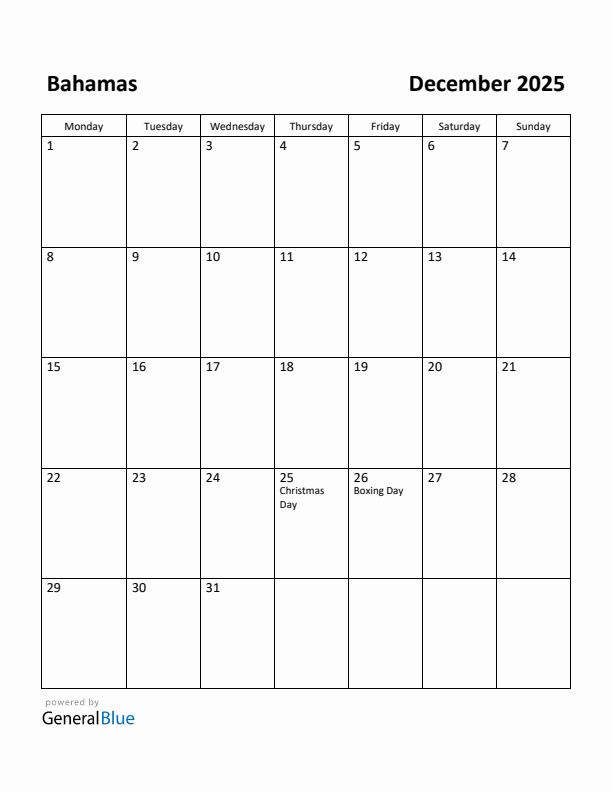 Free Printable December 2025 Calendar for Bahamas