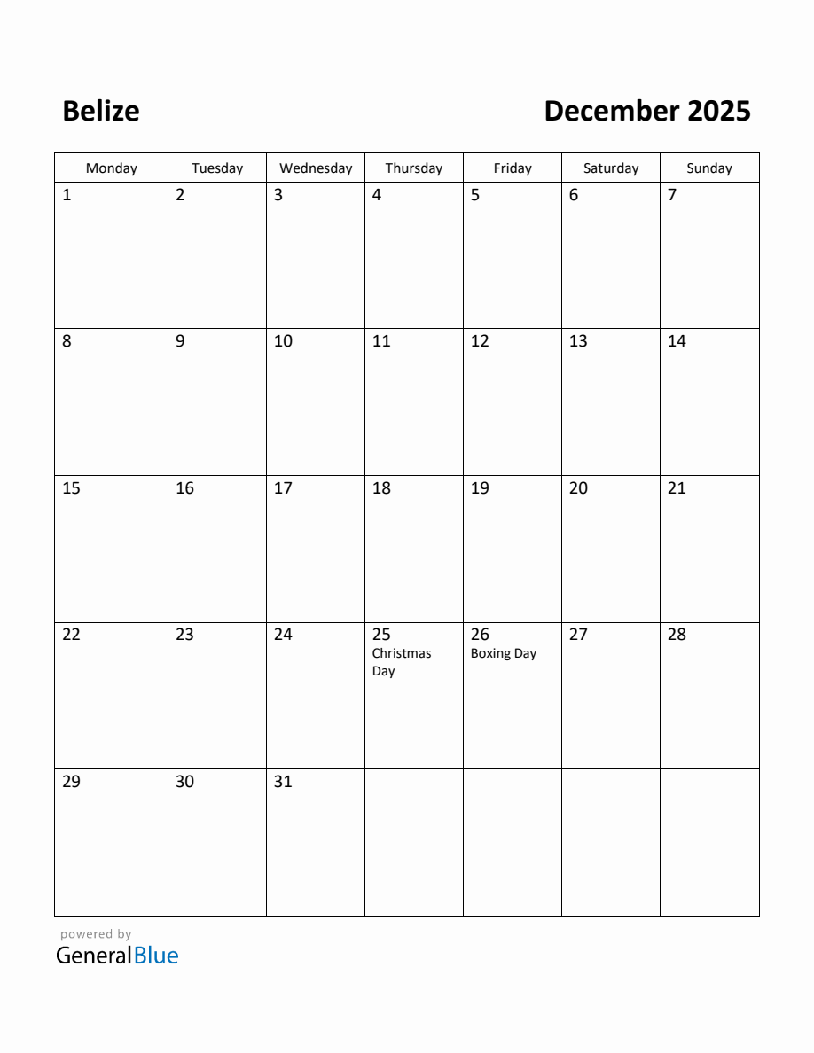 Free Printable December 2025 Calendar for Belize