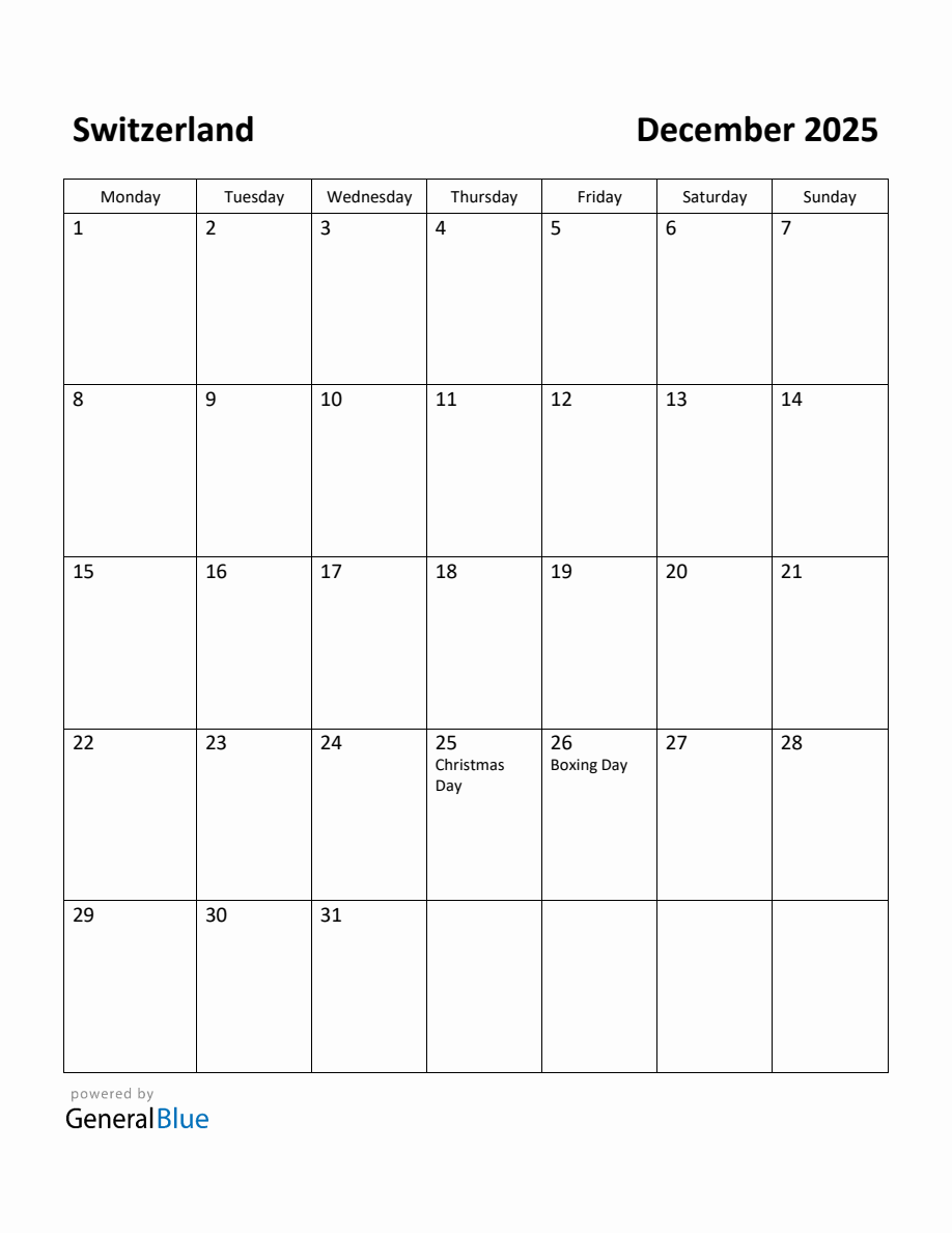 Free Printable December 2025 Calendar for Switzerland