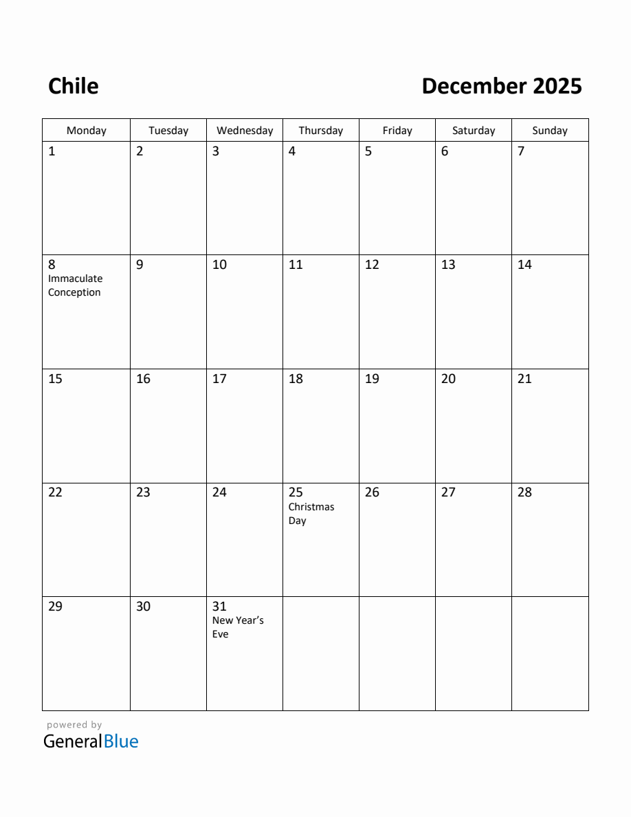 Free Printable December 2025 Calendar for Chile