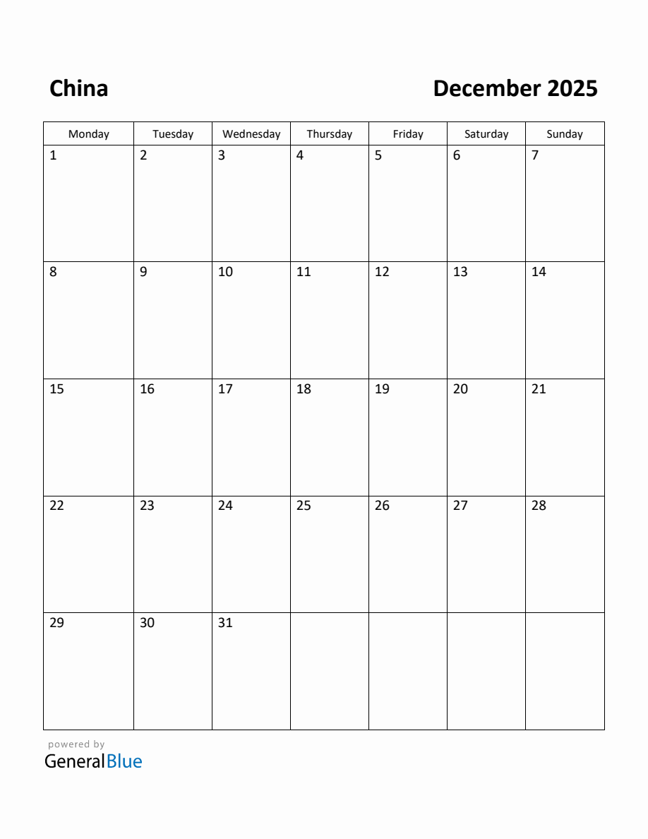 Free Printable December 2025 Calendar for China