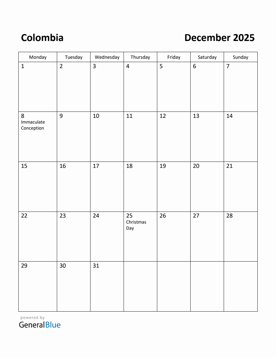 Free Printable December 2025 Calendar for Colombia