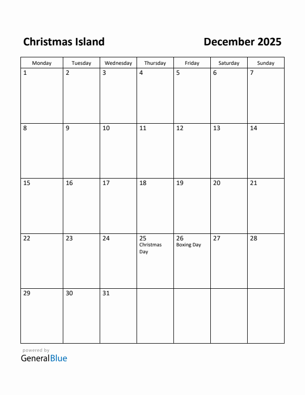 Free Printable December 2025 Calendar for Christmas Island
