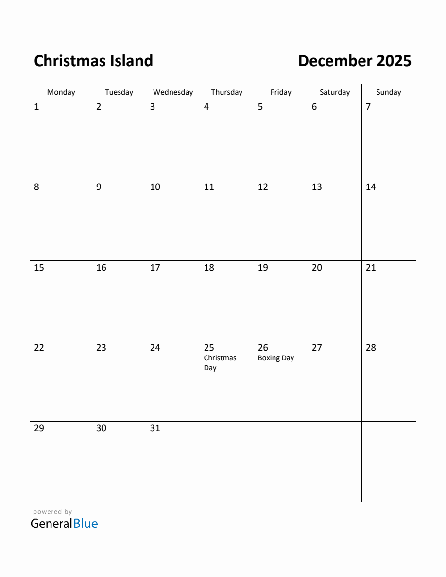 Free Printable December 2025 Calendar for Christmas Island