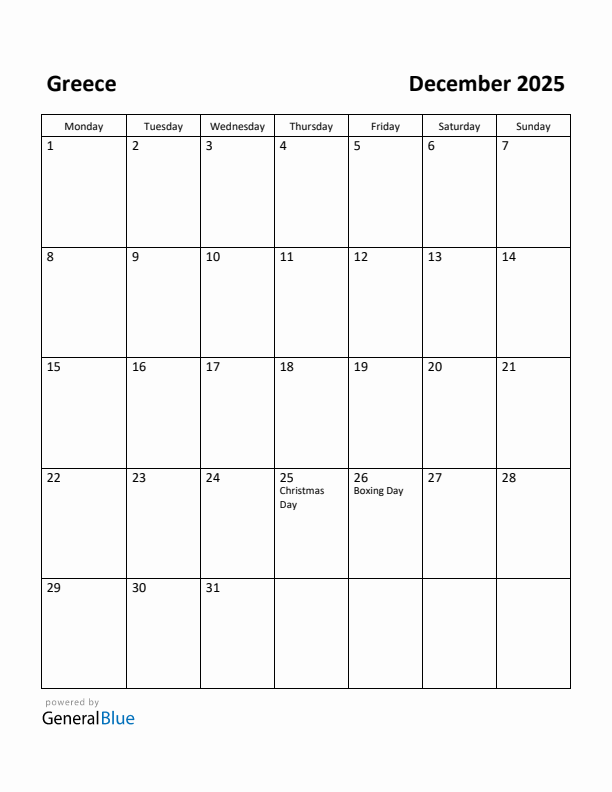 Free Printable December 2025 Calendar for Greece