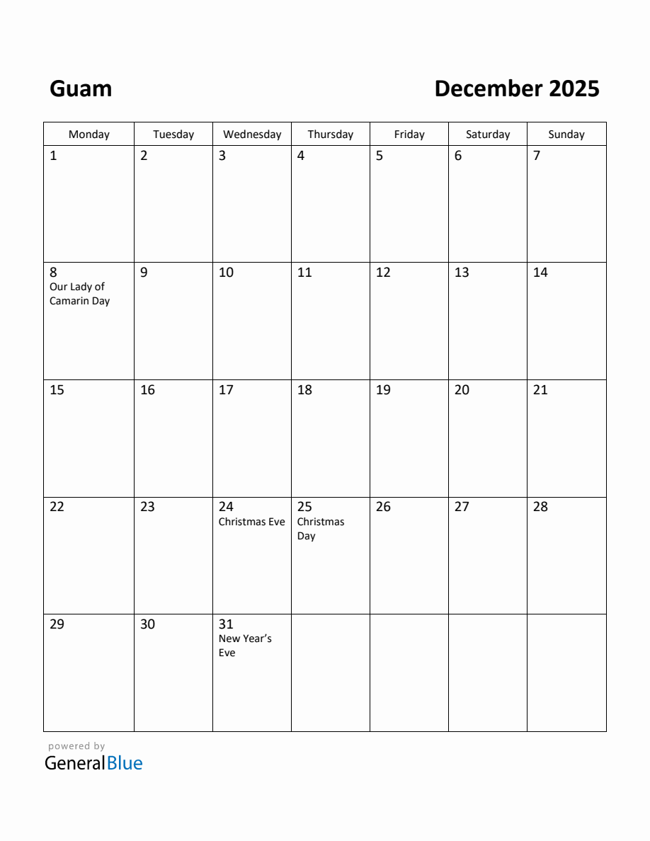 Free Printable December 2025 Calendar for Guam