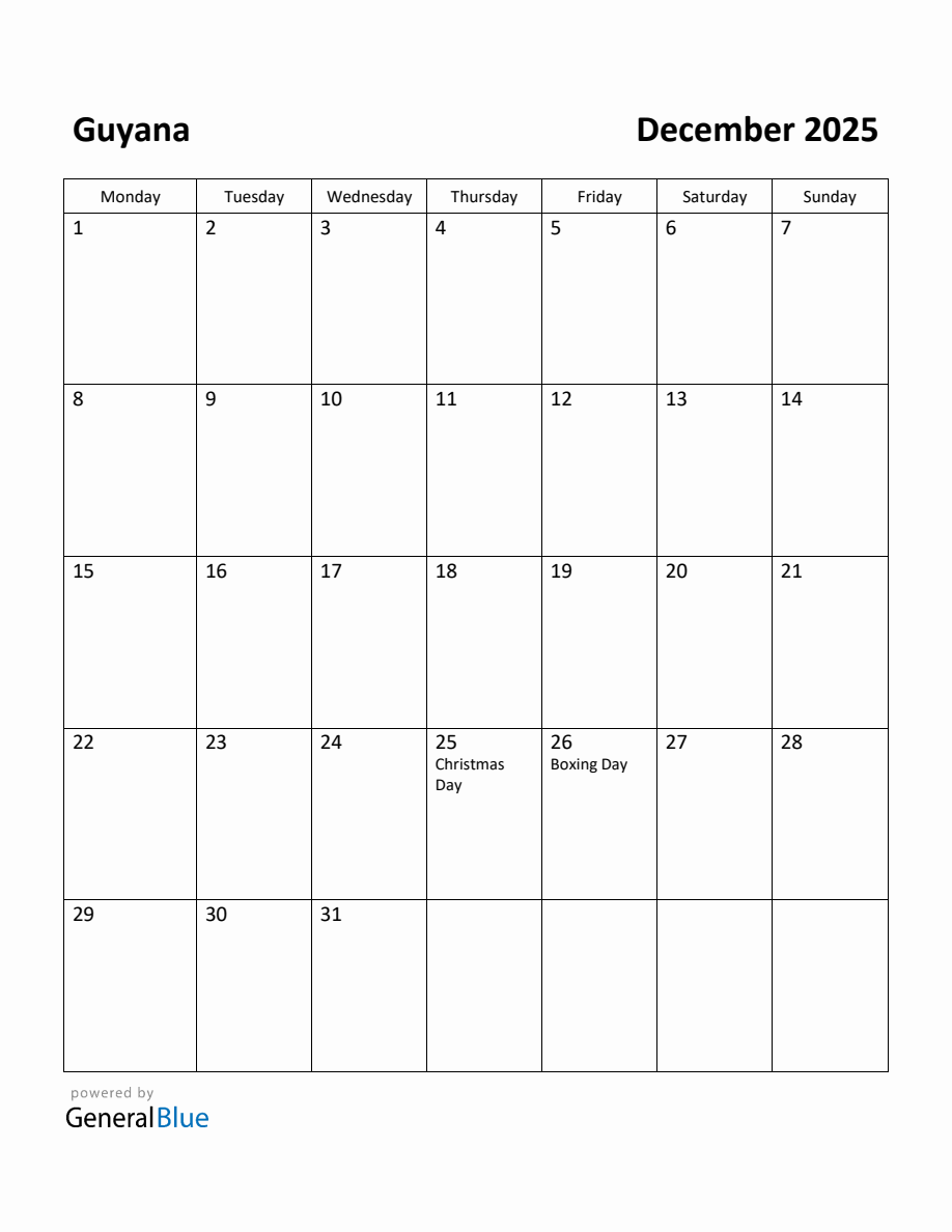 Free Printable December 2025 Calendar for Guyana