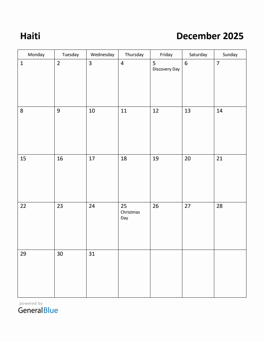 Free Printable December 2025 Calendar for Haiti