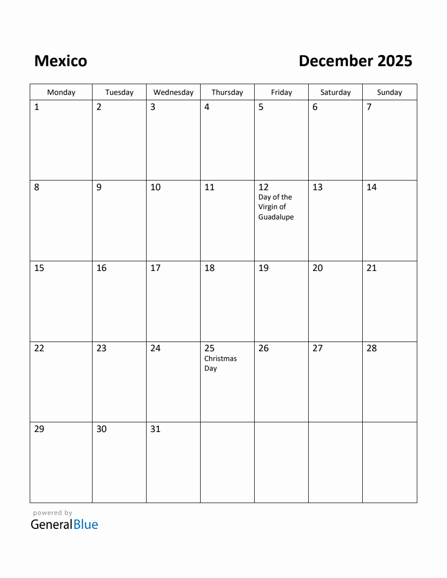 Free Printable December 2025 Calendar for Mexico