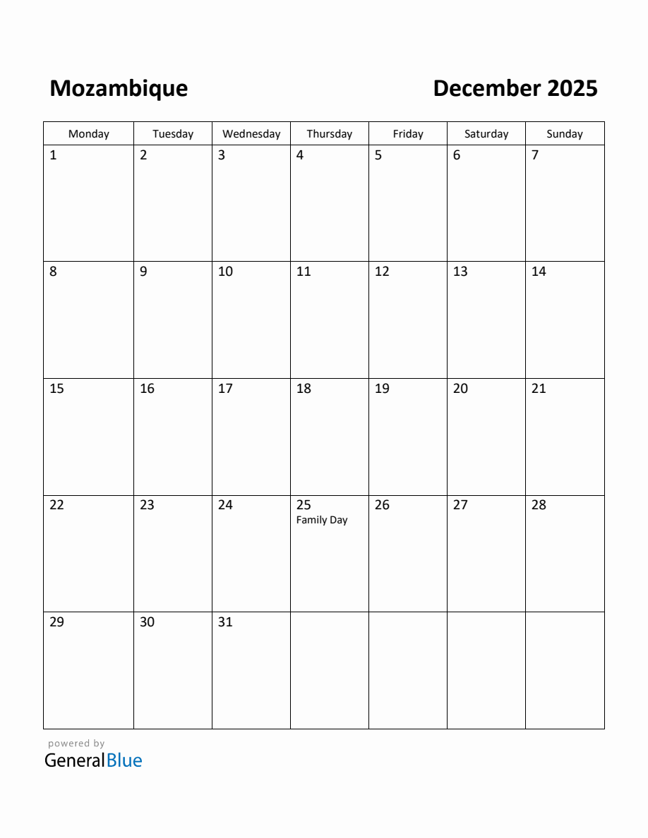 Free Printable December 2025 Calendar for Mozambique