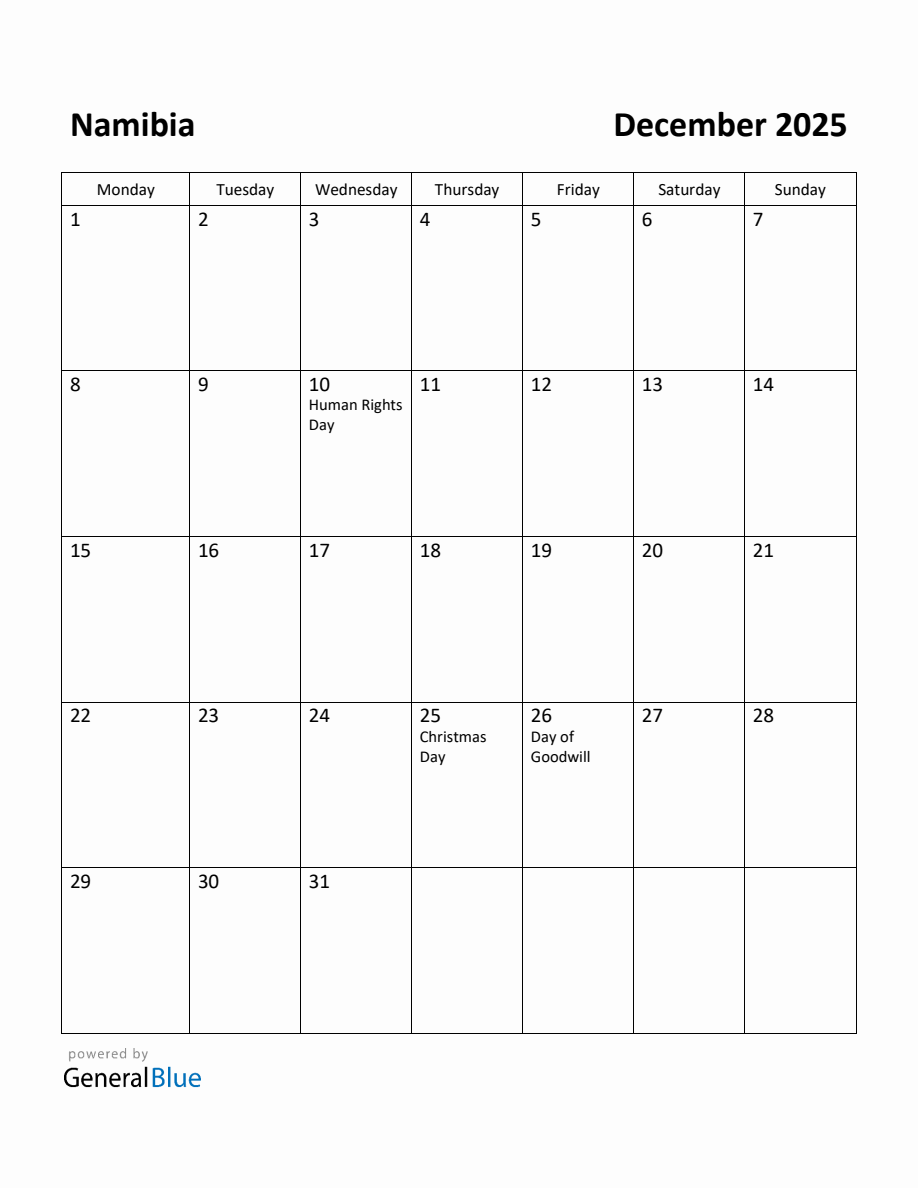 Free Printable December 2025 Calendar for Namibia