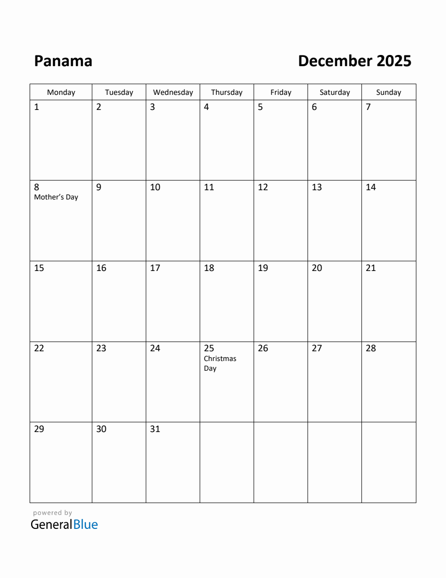 Free Printable December 2025 Calendar for Panama