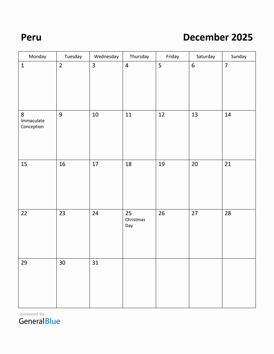 Free Printable December 2025 Calendar for Peru