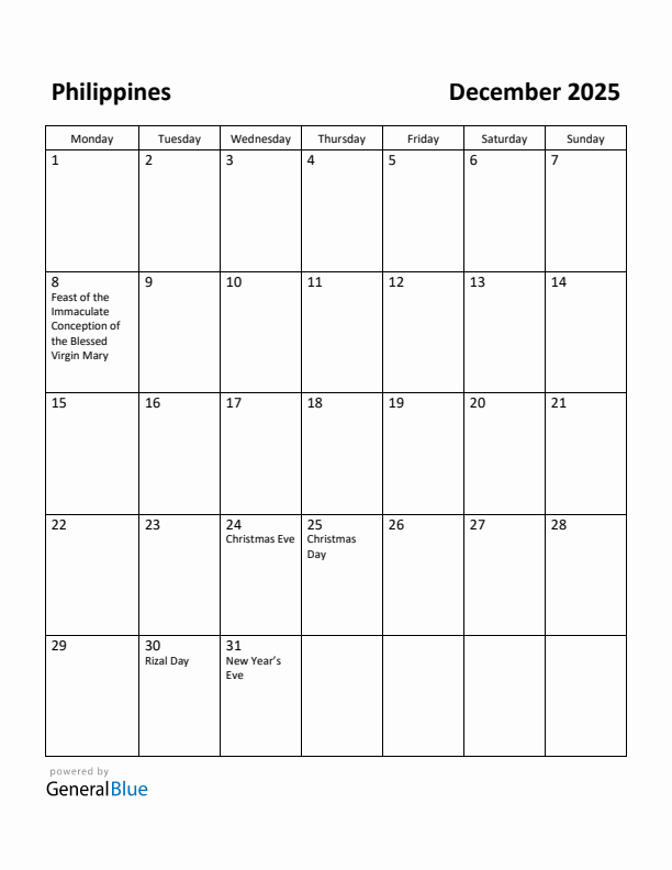 Free Printable December 2025 Calendar for Philippines