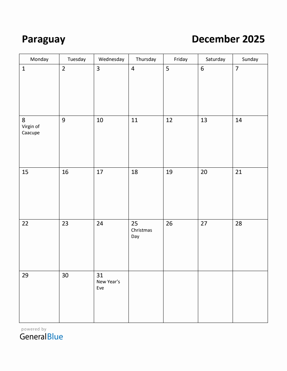 Free Printable December 2025 Calendar for Paraguay