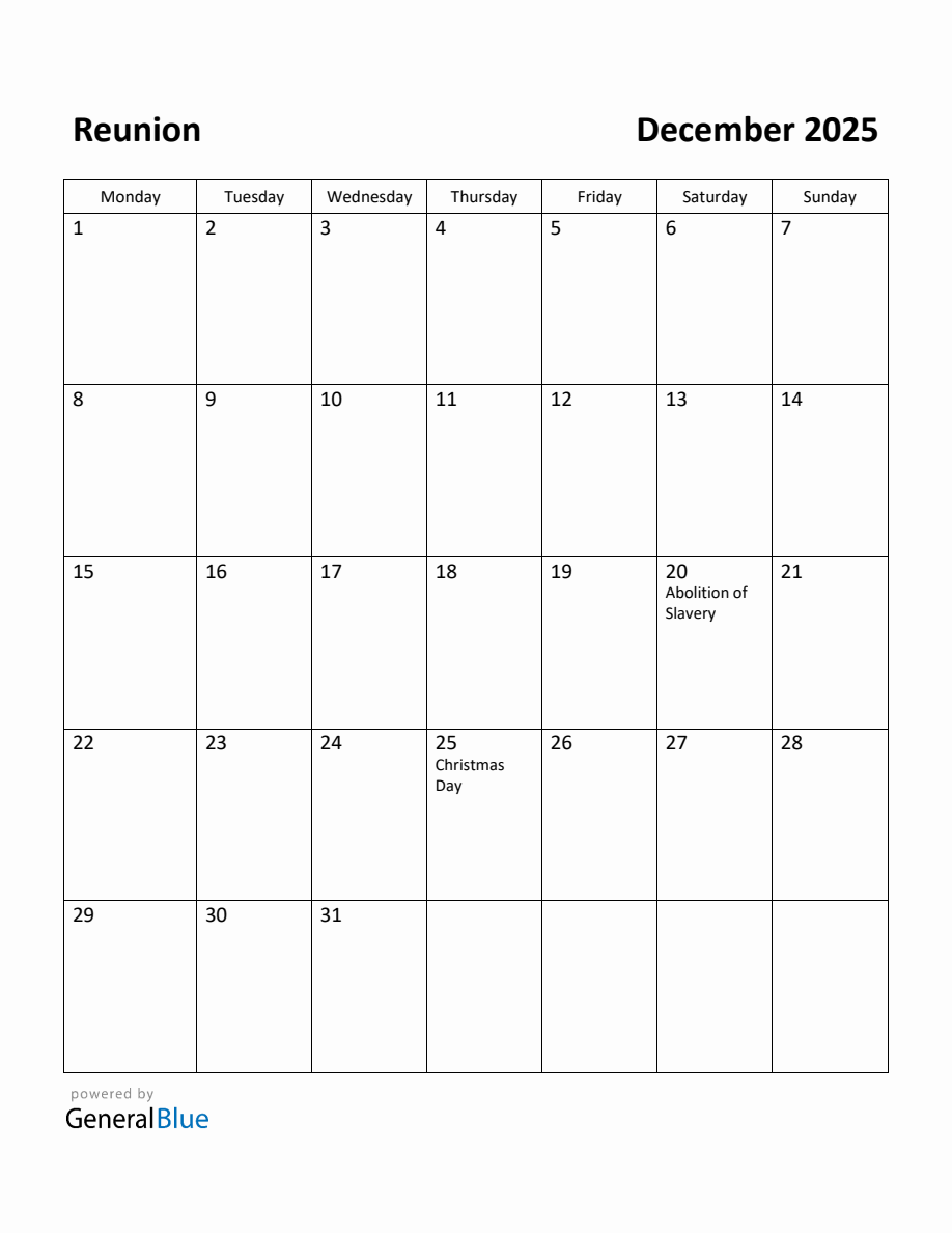 Free Printable December 2025 Calendar for Reunion