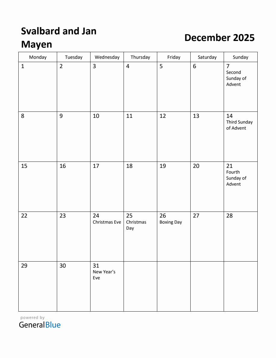 Free Printable December 2025 Calendar for Svalbard and Jan Mayen