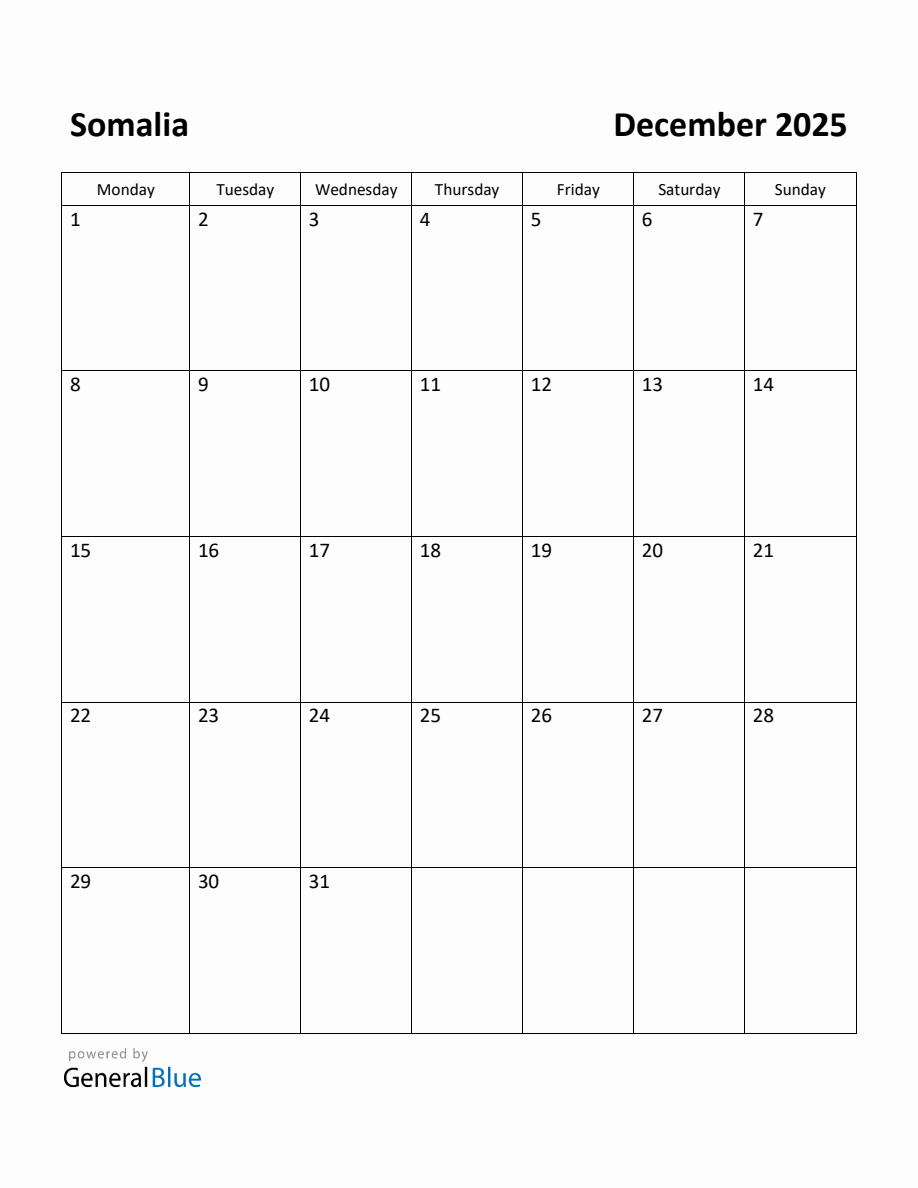 Free Printable December 2025 Calendar for Somalia