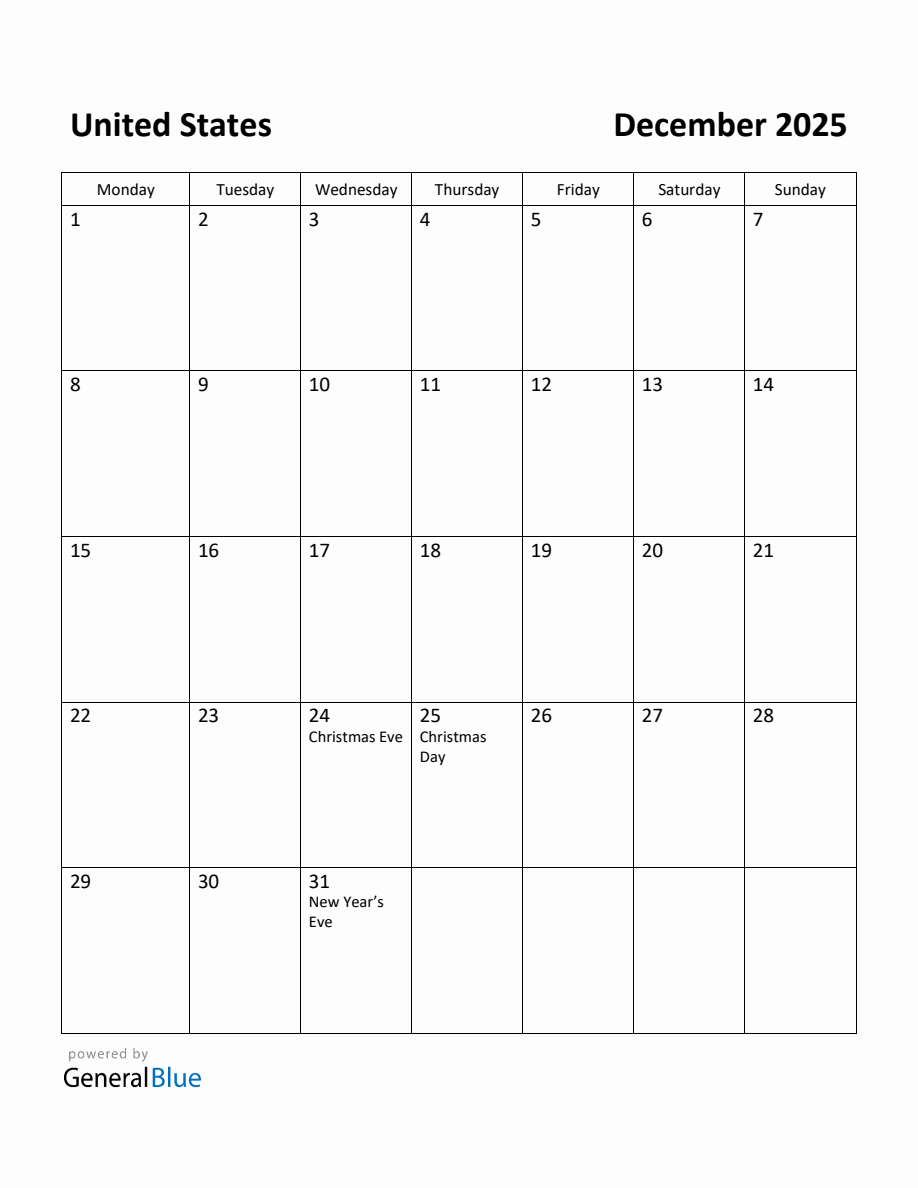 Free Printable December 2025 Calendar for United States