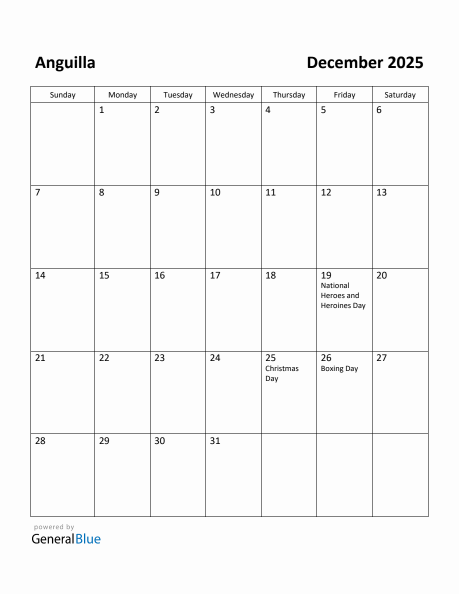 Free Printable December 2025 Calendar for Anguilla