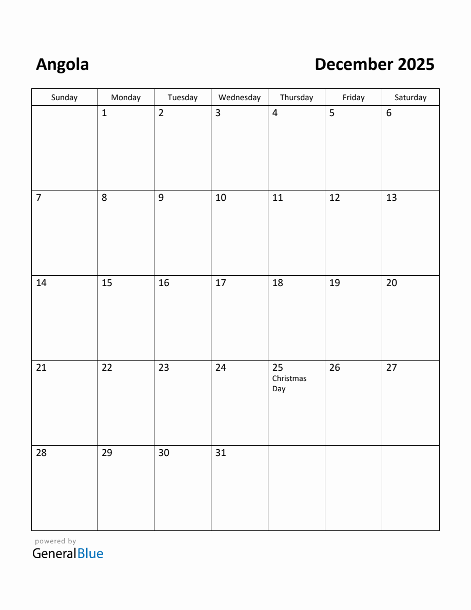 Free Printable December 2025 Calendar for Angola