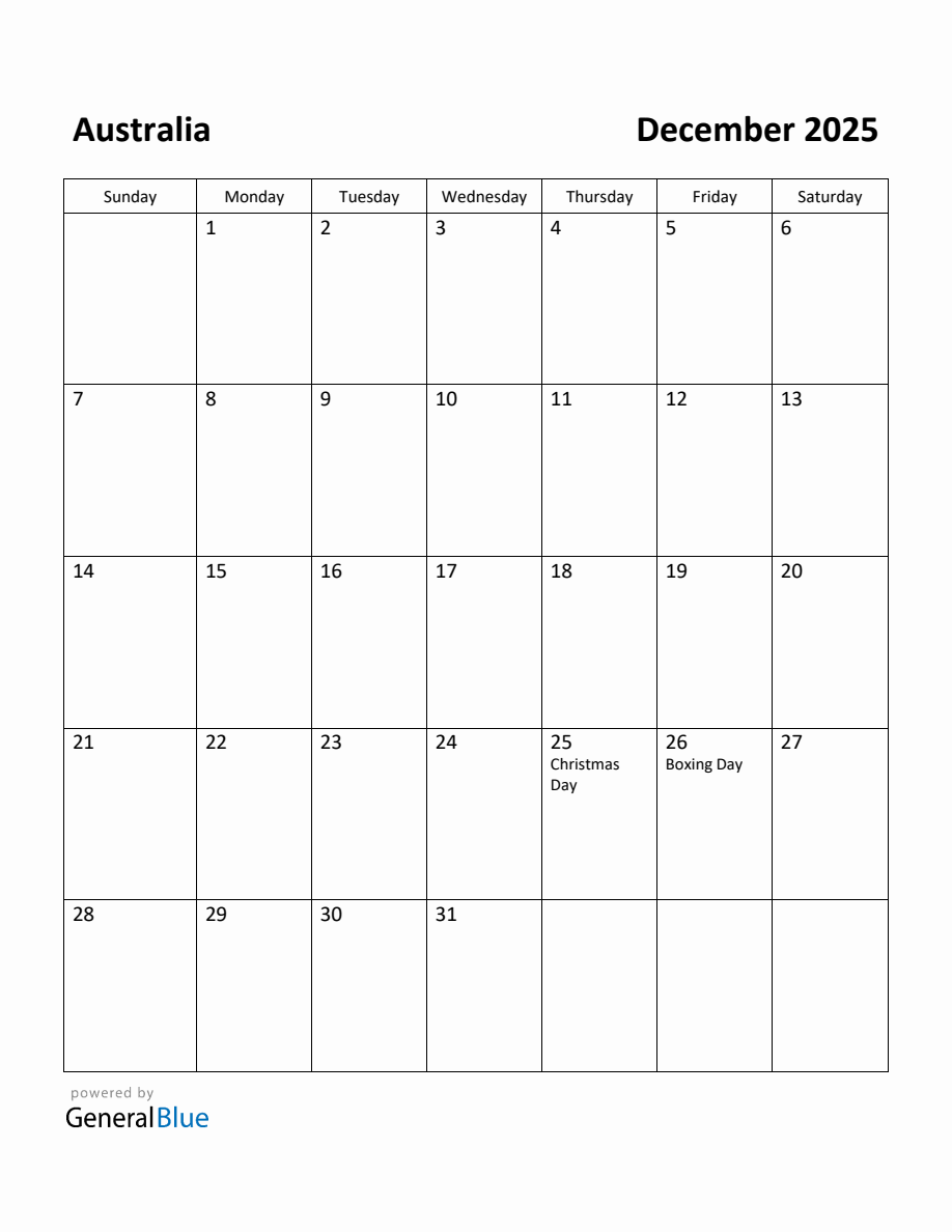 Free Printable December 2025 Calendar for Australia