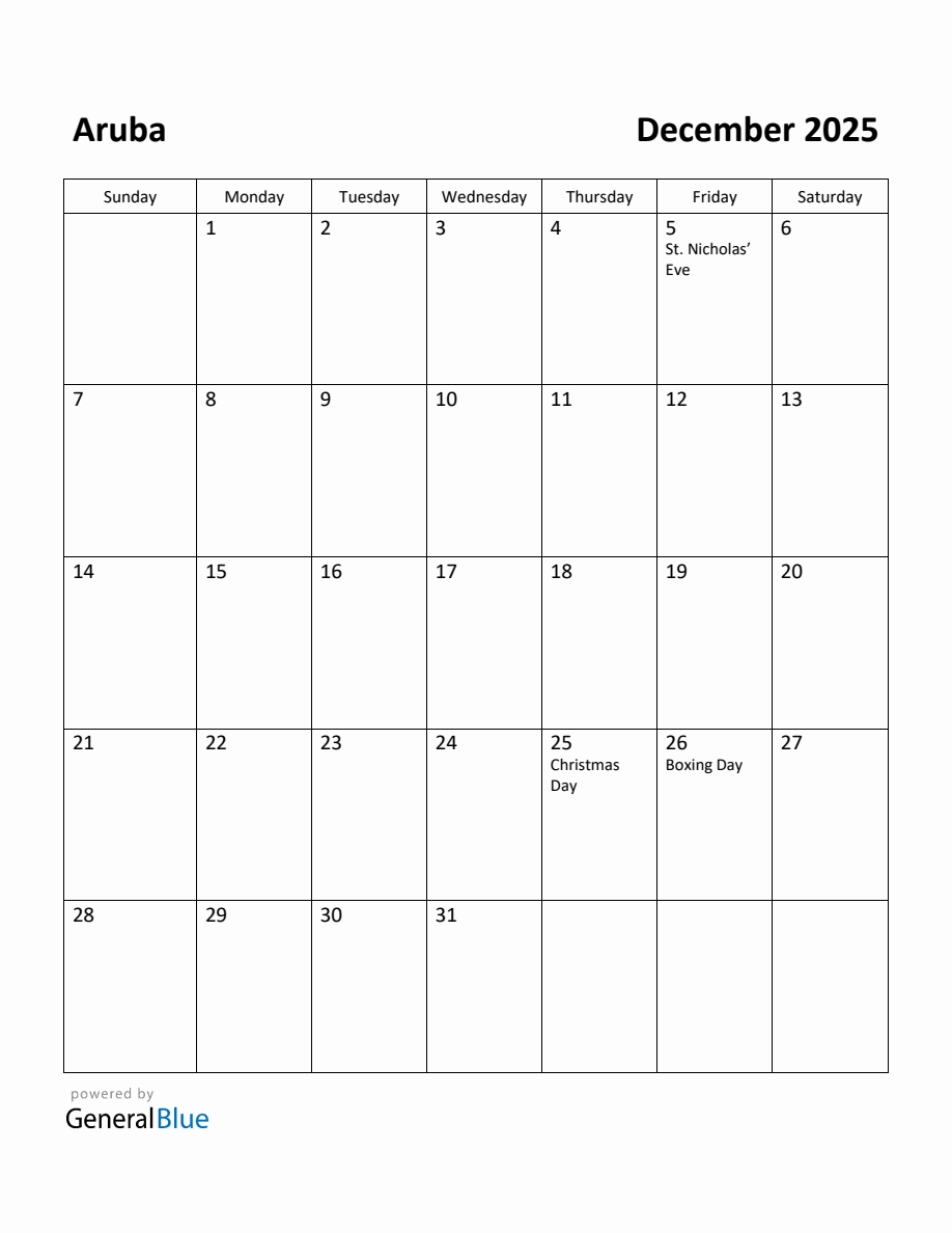 Free Printable December 2025 Calendar for Aruba