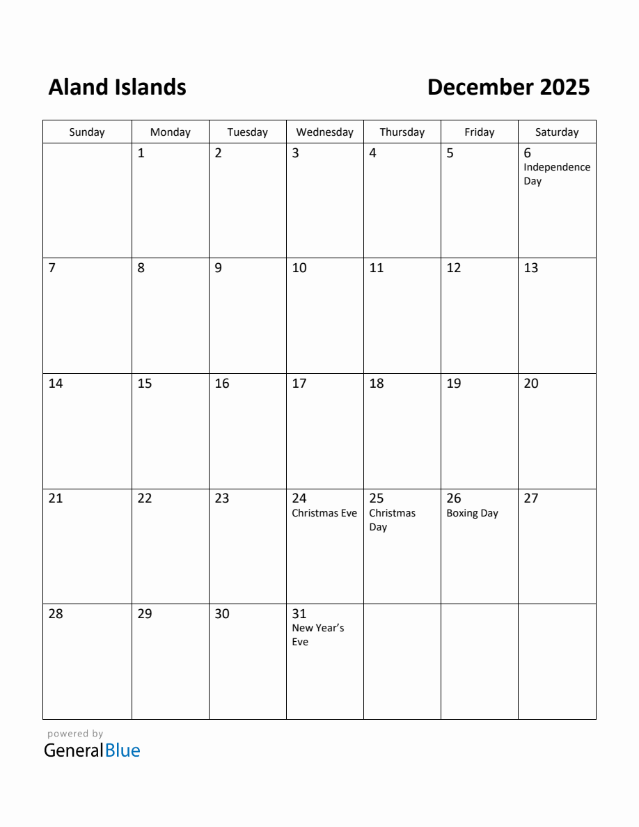 Free Printable December 2025 Calendar for Aland Islands