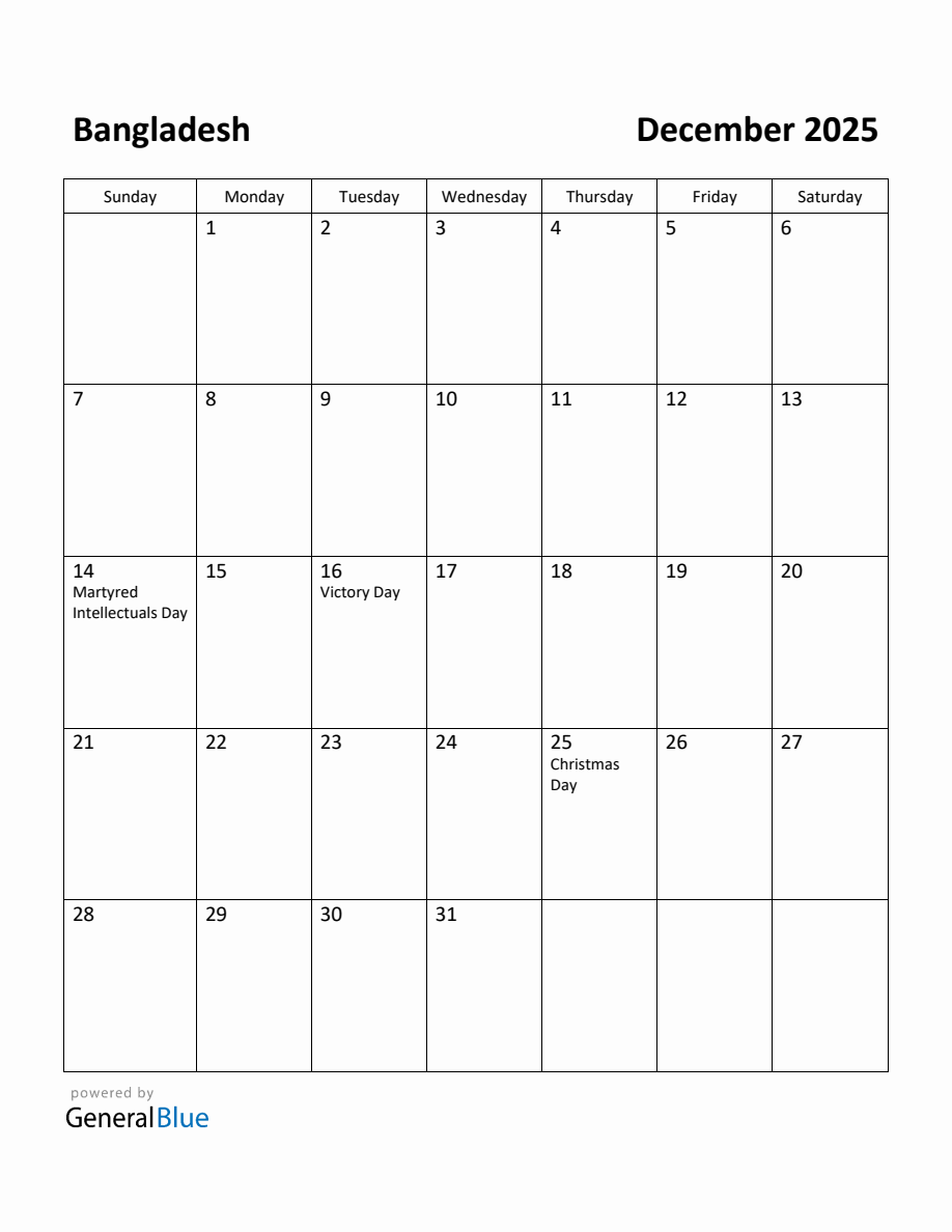 Free Printable December 2025 Calendar for Bangladesh