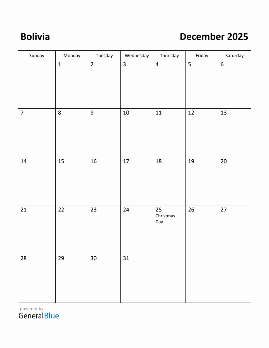 Free Printable December 2025 Calendar for Bolivia