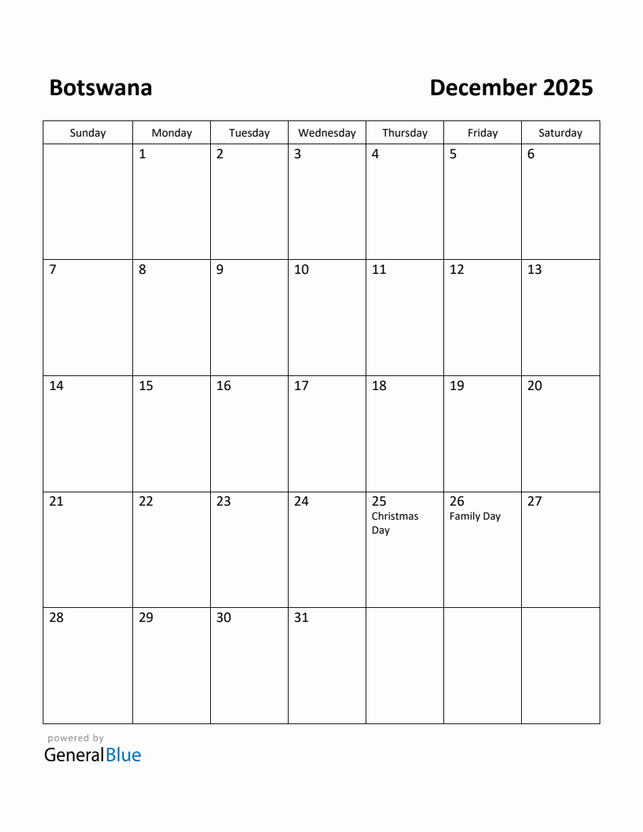 Free Printable December 2025 Calendar for Botswana