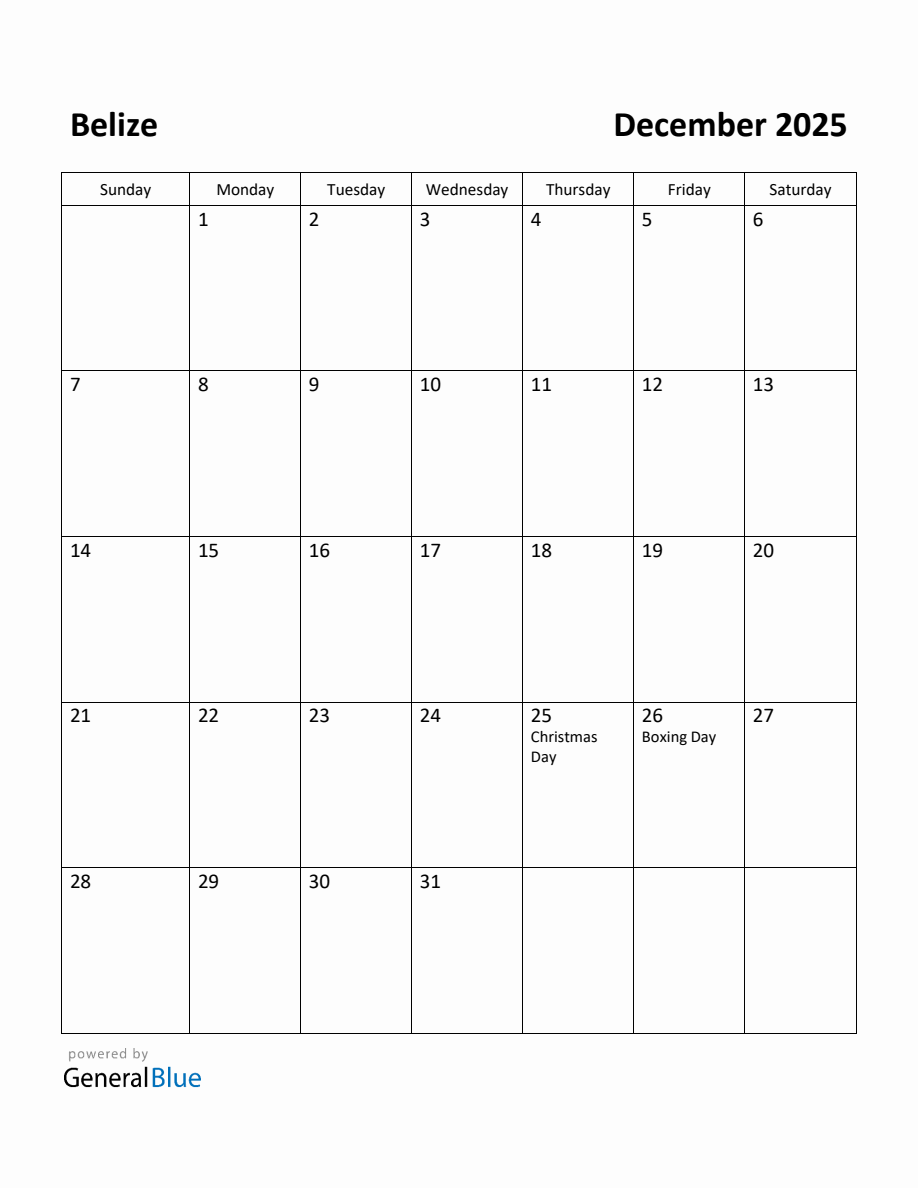 Free Printable December 2025 Calendar for Belize