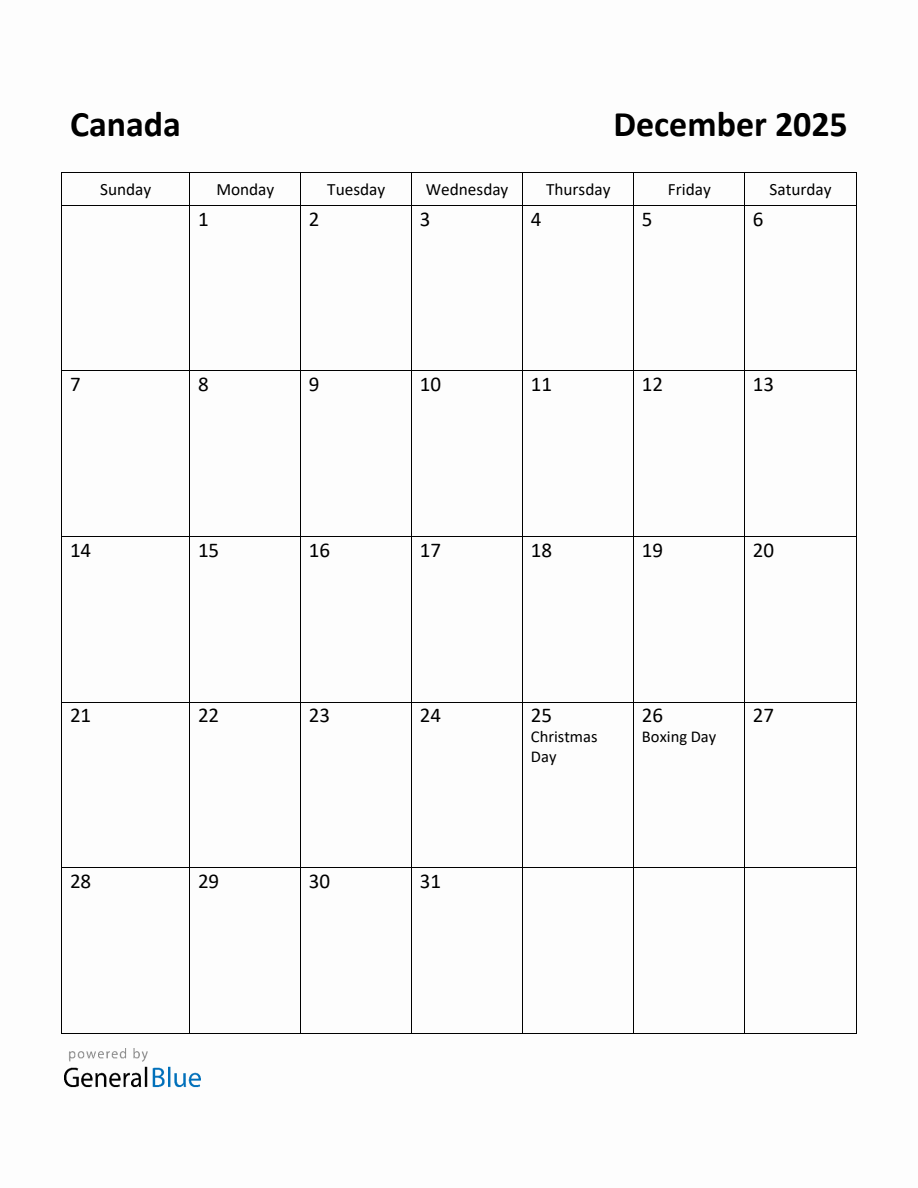 Free Printable December 2025 Calendar for Canada