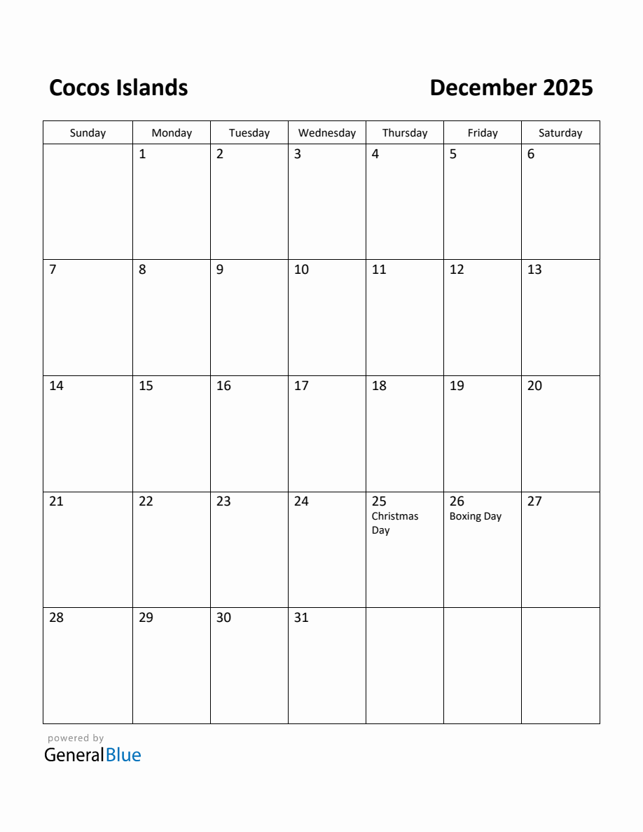 Free Printable December 2025 Calendar for Cocos Islands