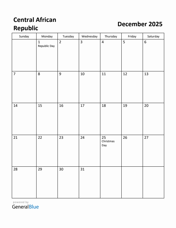 December 2025 Calendar with Central African Republic Holidays