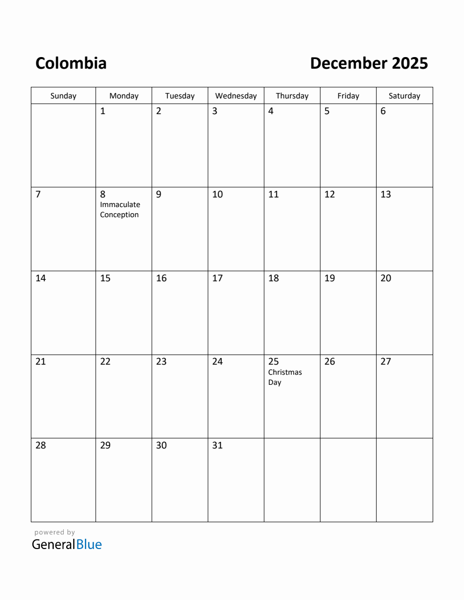 Free Printable December 2025 Calendar for Colombia