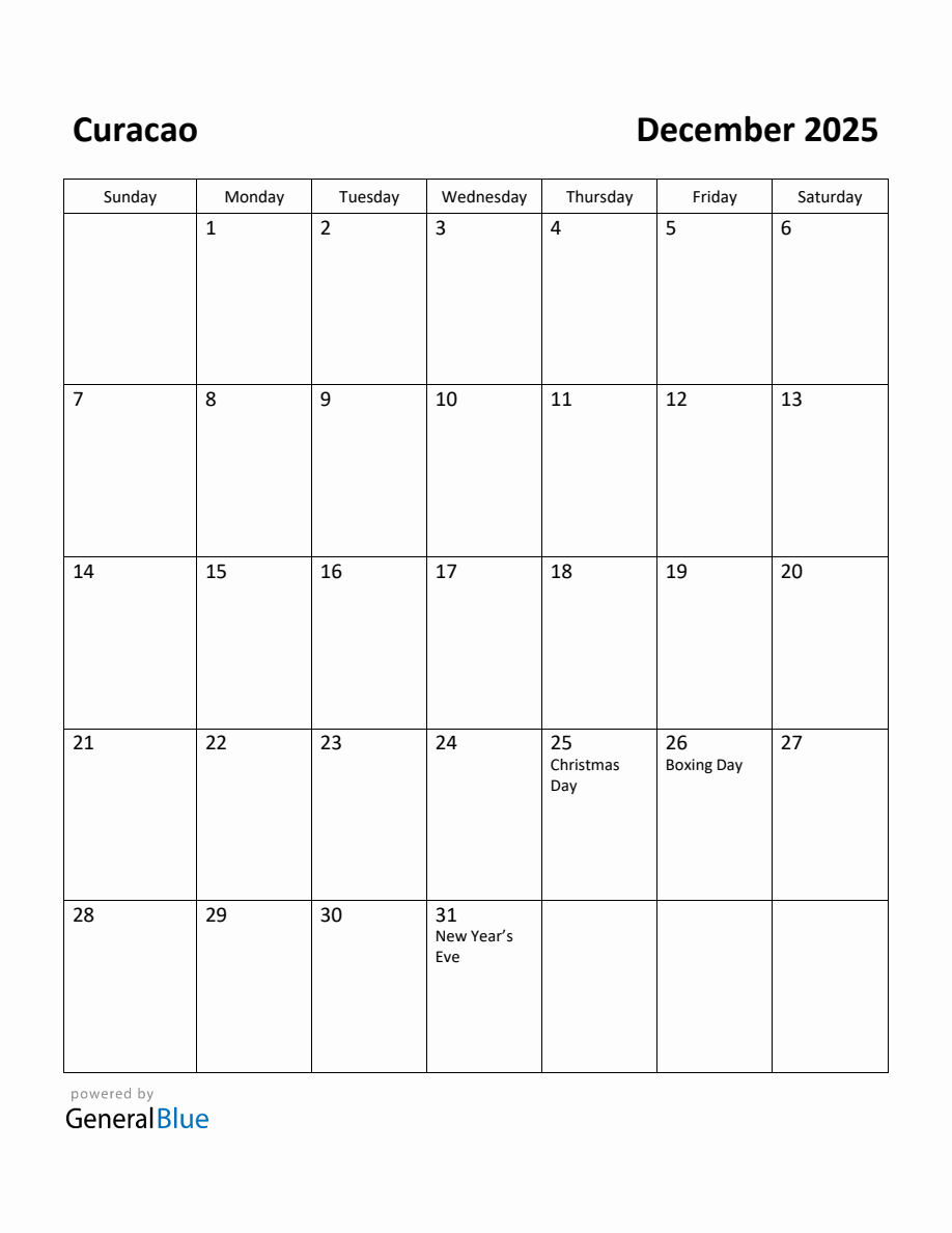 Free Printable December 2025 Calendar For Curacao