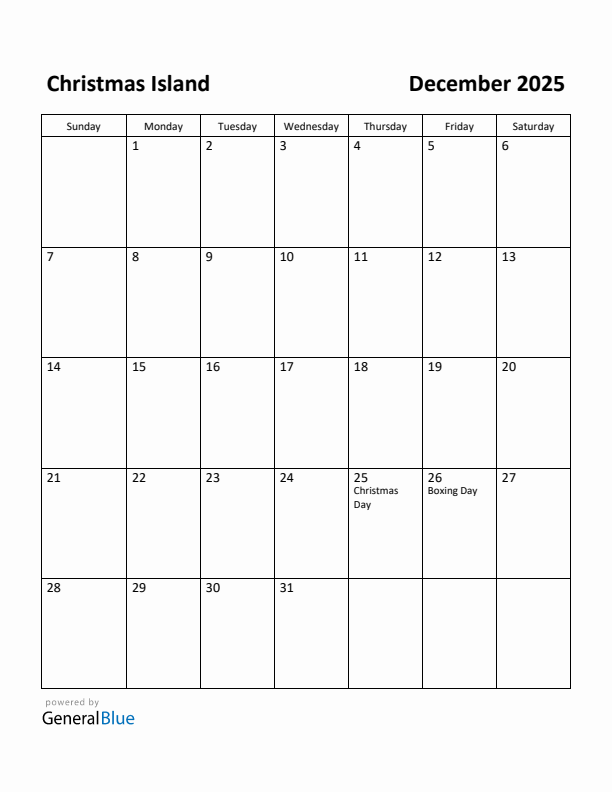 Free Printable December 2025 Calendar for Christmas Island