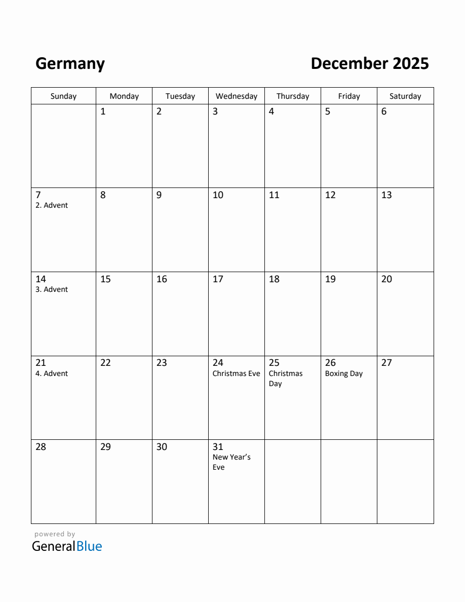 Free Printable December 2025 Calendar for Germany