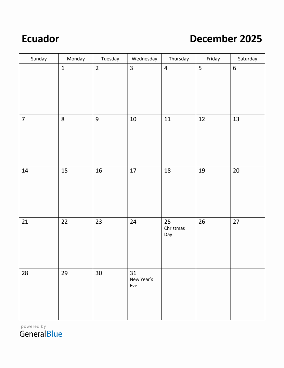 Free Printable December 2025 Calendar for Ecuador