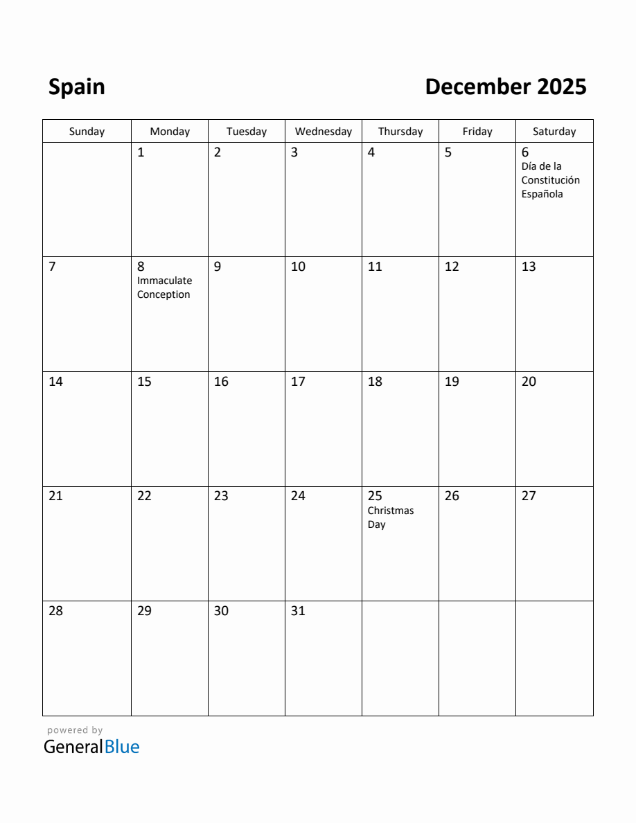 Free Printable December 2025 Calendar for Spain