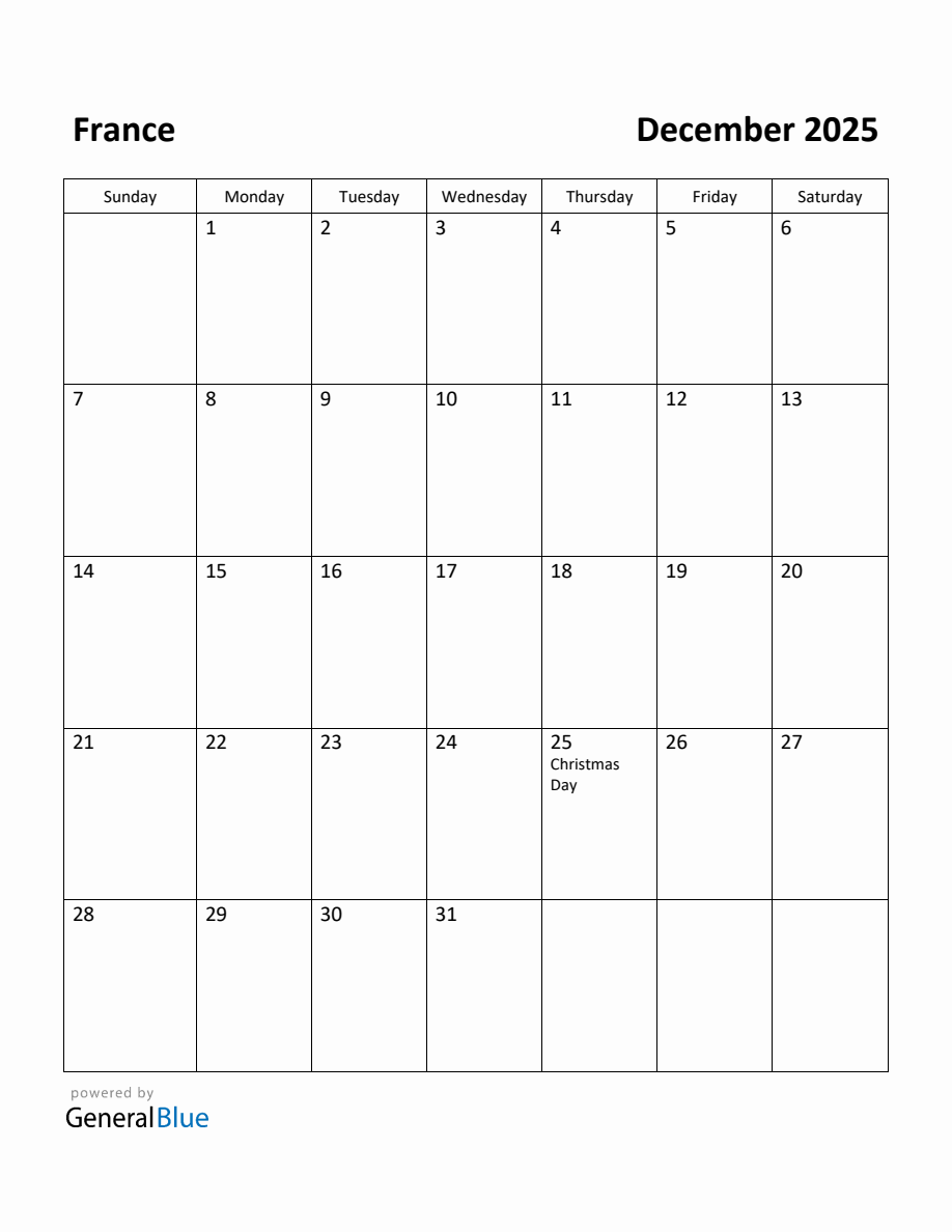 Free Printable December 2025 Calendar for France