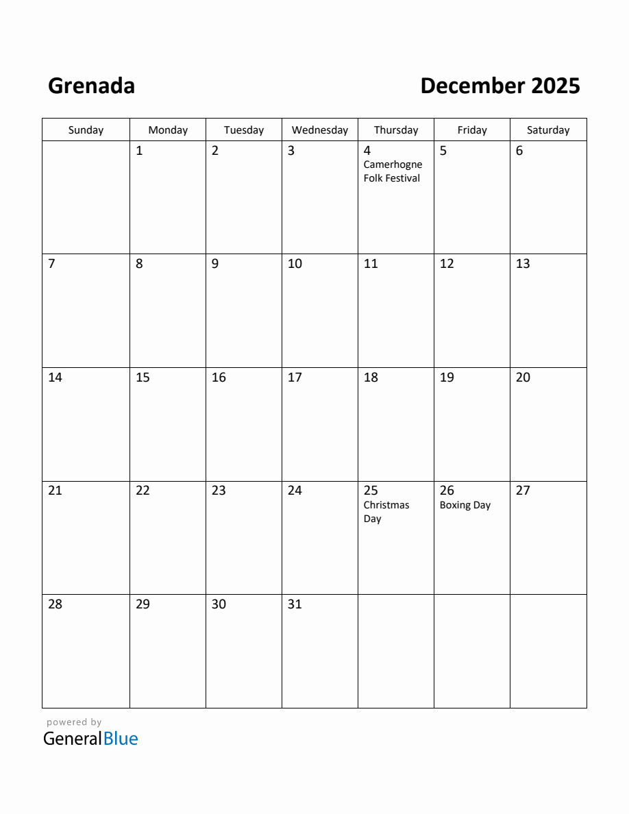 Free Printable December 2025 Calendar for Grenada