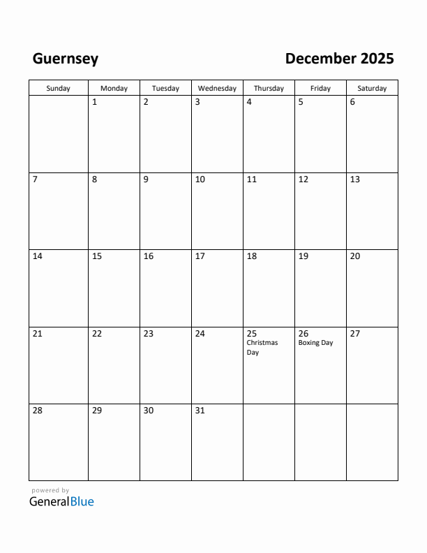 December 2025 Calendar with Guernsey Holidays
