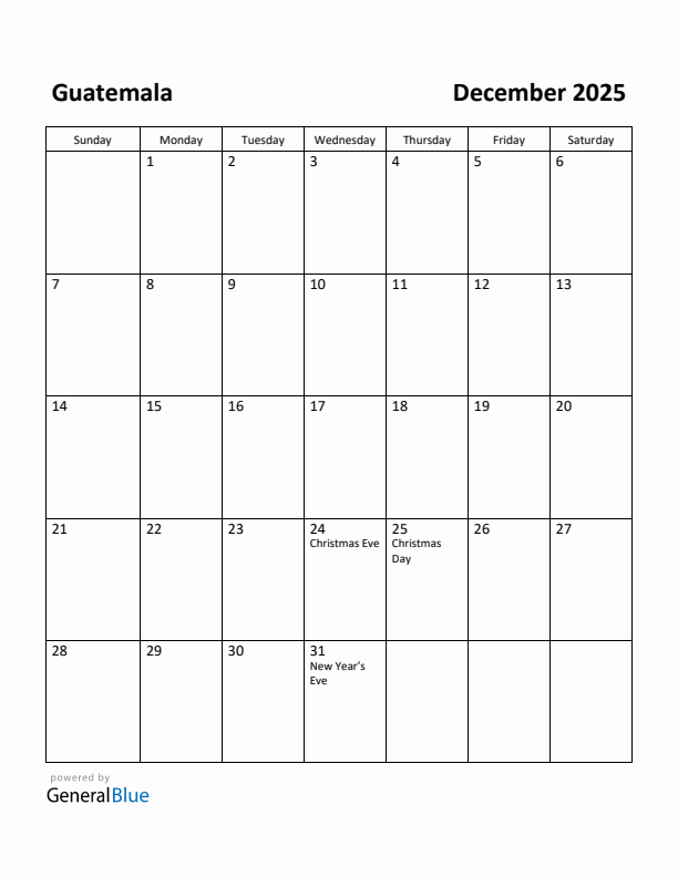 December 2025 Calendar with Guatemala Holidays