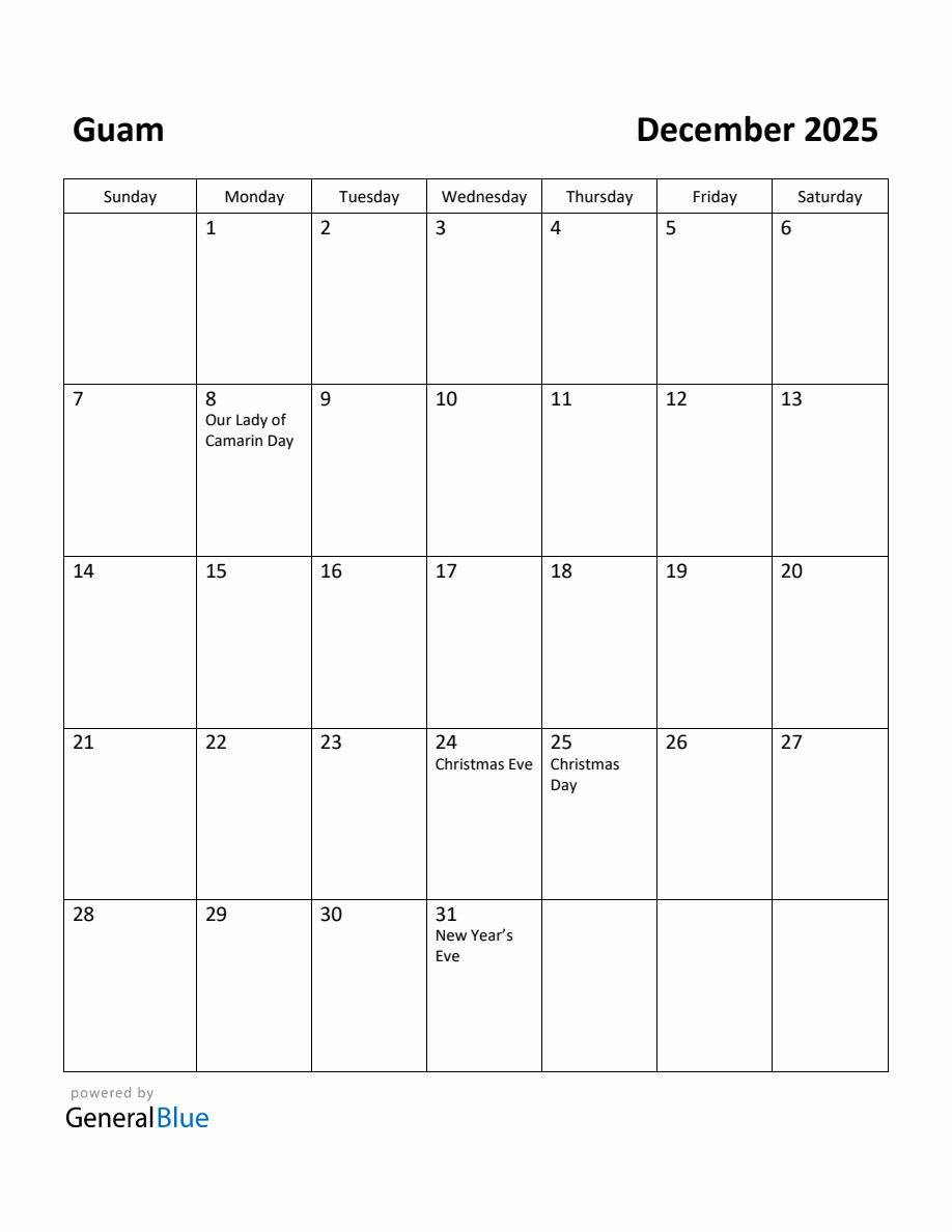 Free Printable December 2025 Calendar for Guam