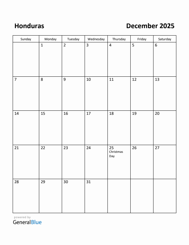 December 2025 Calendar with Honduras Holidays