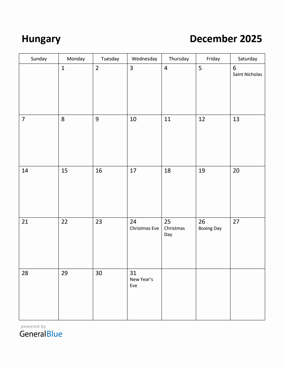 Free Printable December 2025 Calendar for Hungary