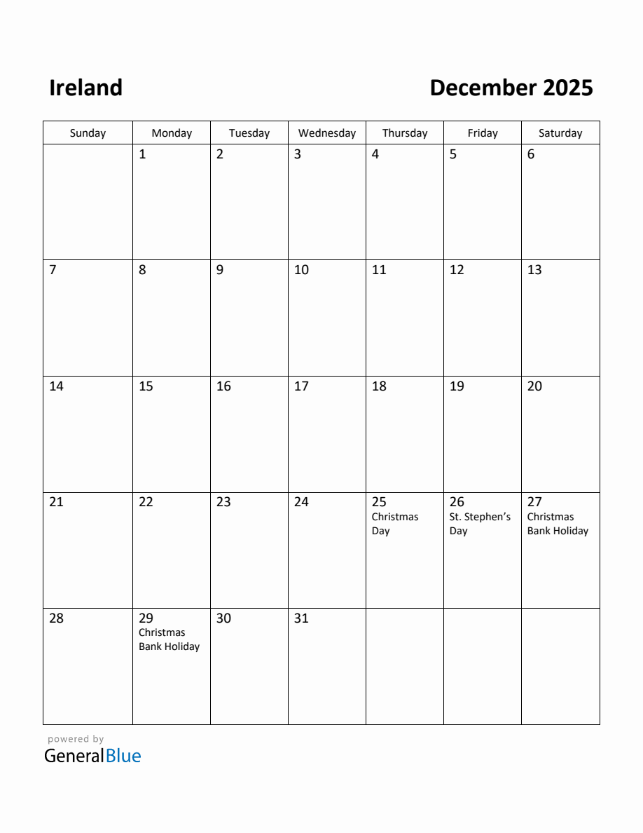 Free Printable December 2025 Calendar for Ireland