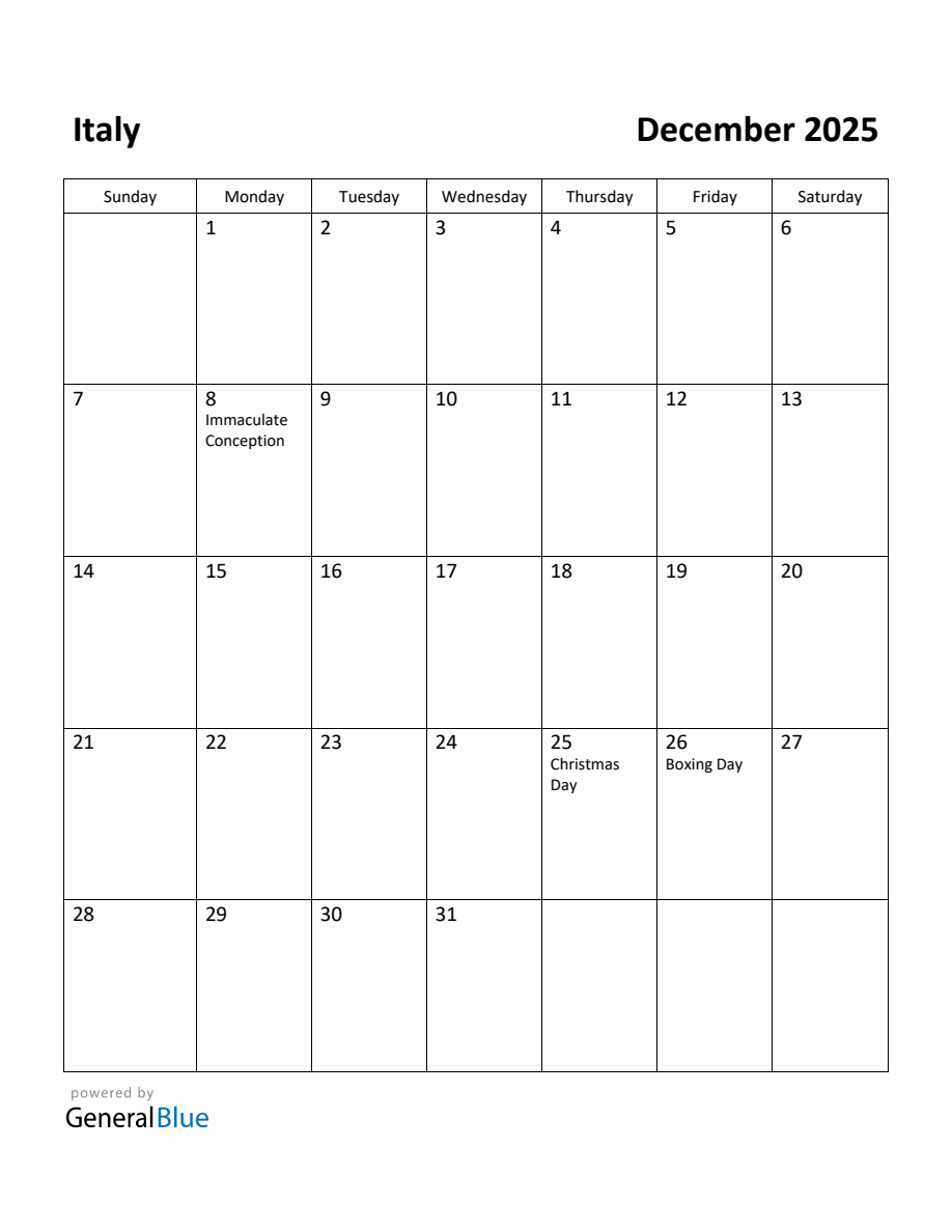 Free Printable December 2025 Calendar for Italy